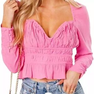 Free People Pink Chloe Smocked Tie Back Long Sleeve Top Size S Boho Hippie